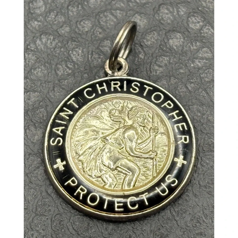 Saint Christopher Protect Us Two-Tone Enamel Medal Pendant Silver Plate